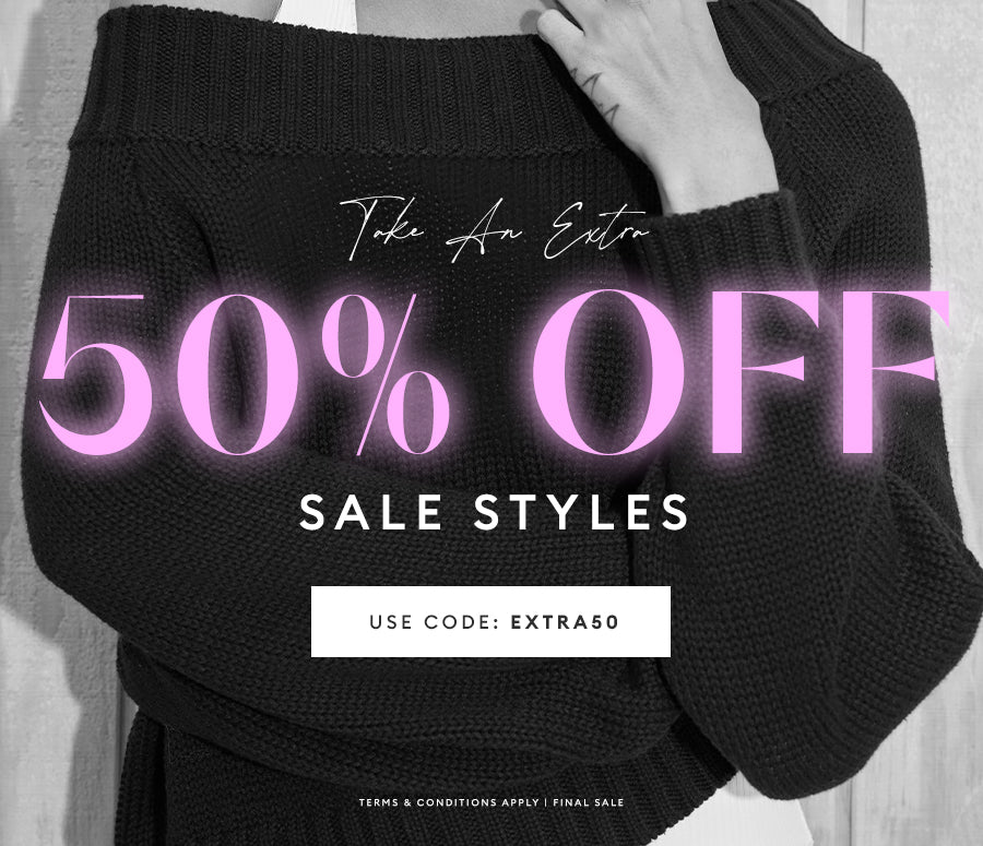 A sale banner speaking to 50% off sale styles. Code is EXTRA50