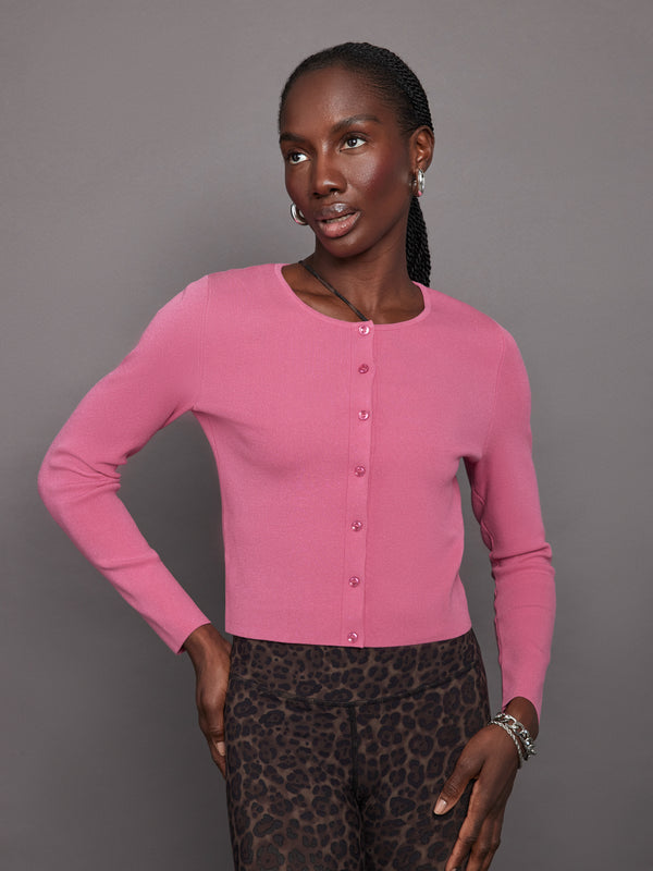 Eva Cropped Crew Neck Cardi - Shocking Pink