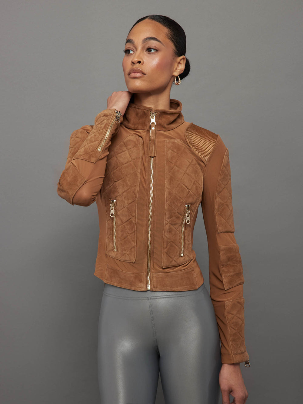 Suede Moto Mesh Jacket - Brown Sugar/ Gold