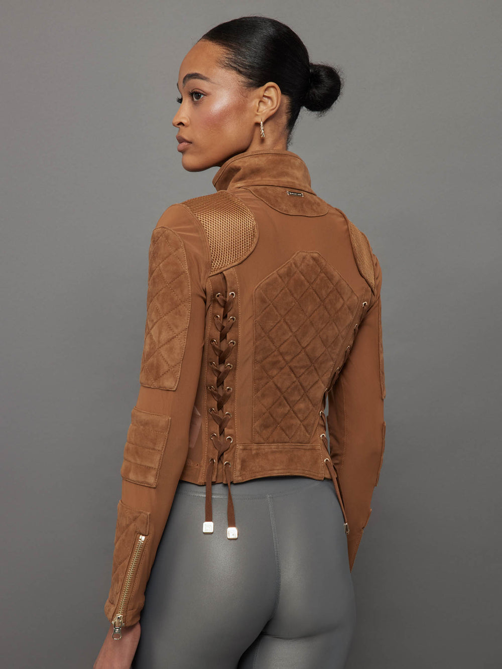 Suede Moto Mesh Jacket - Brown Sugar/ Gold