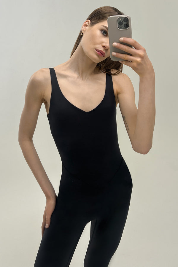 V-Neck Tempo Full Length Catsuit - Black