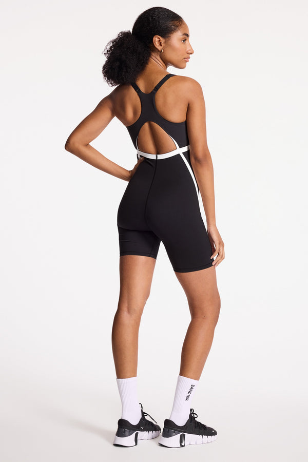 V-Neck Plunge Contrast Short Catsuit - Black/white