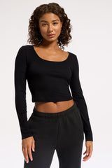 Rivington Ribbed Long Sleeve Scoop Neck Crop Top - Black