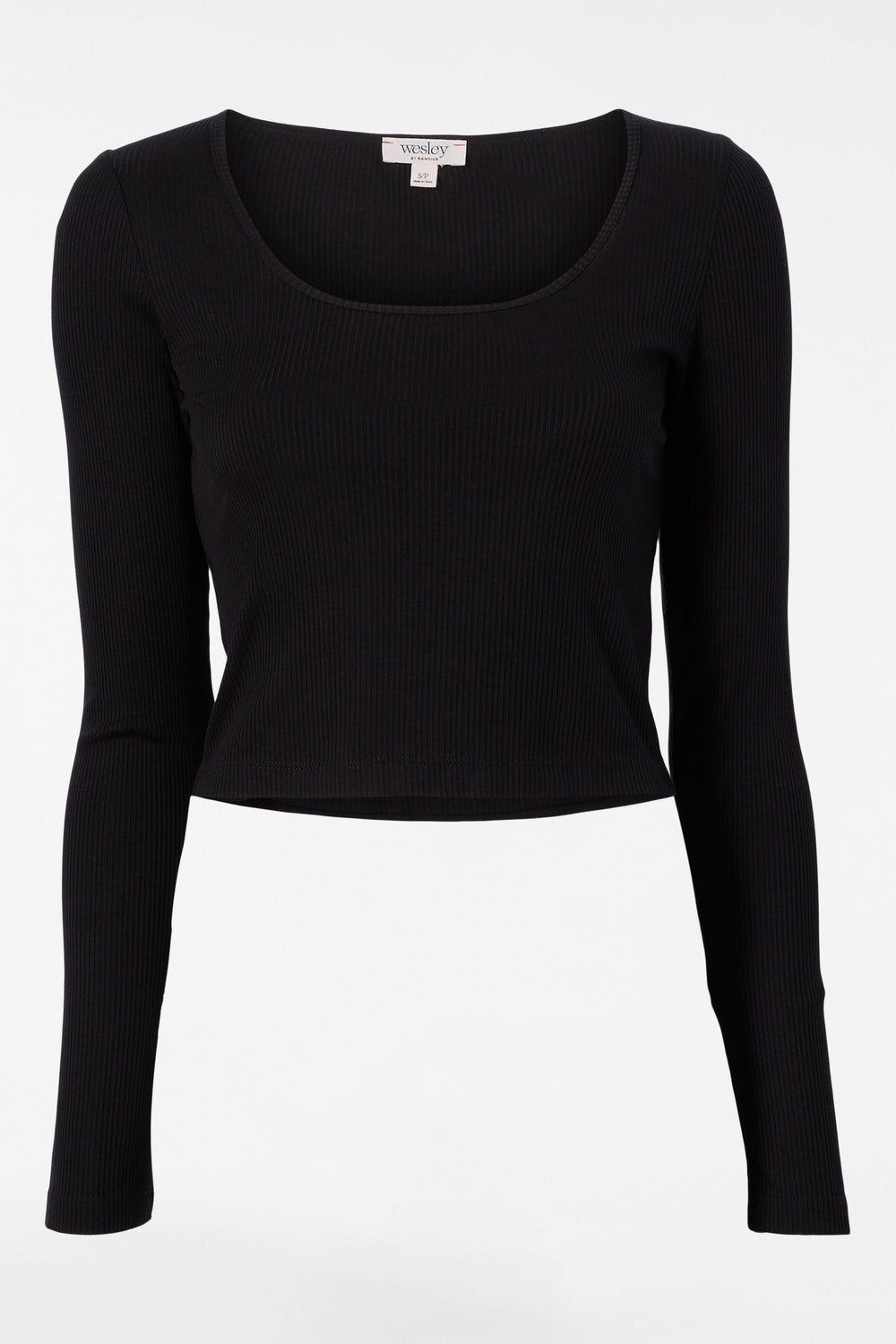 Rivington Ribbed Long Sleeve Scoop Neck Crop Top - Black