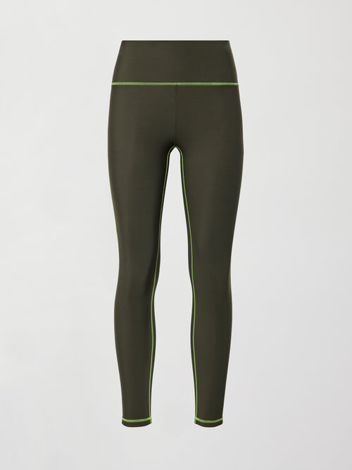 High Rise Legging with Fleece Back - Dark Olive/ Acid Lime