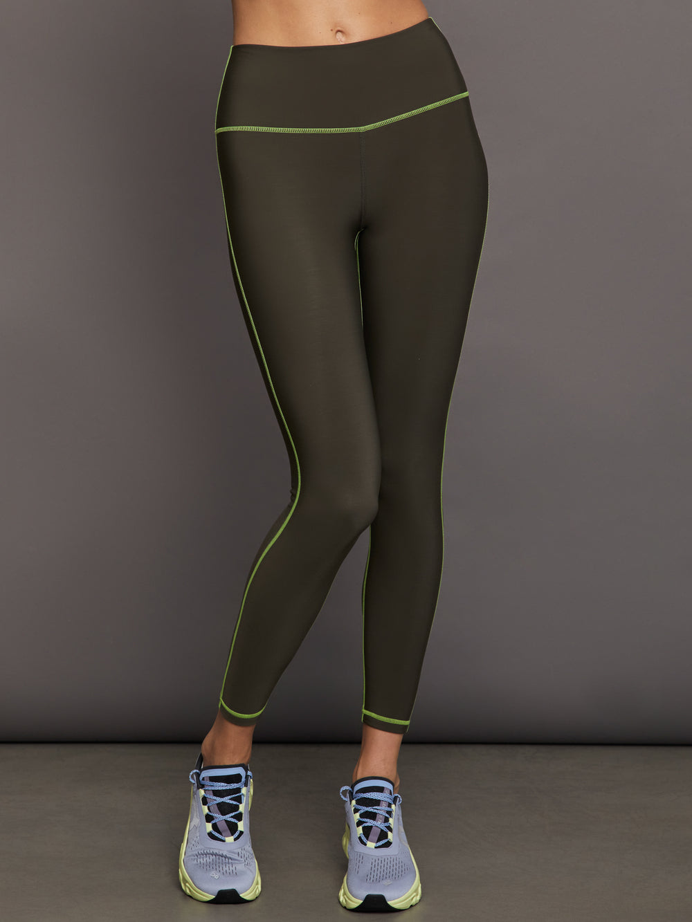 High Rise Legging with Fleece Back - Dark Olive/ Acid Lime