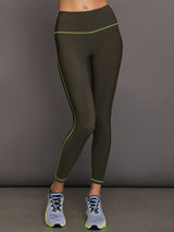 High Rise Legging with Fleece Back - Dark Olive/ Acid Lime