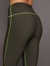 High Rise Legging with Fleece Back - Dark Olive/ Acid Lime