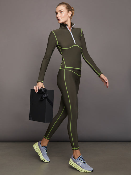 High Rise Legging with Fleece Back - Dark Olive/ Acid Lime