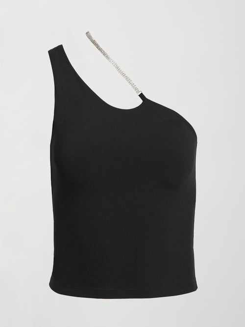 Rhinestone One Shoulder Tank - Black