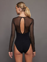 Sheer Long Sleeve Leotard - Black