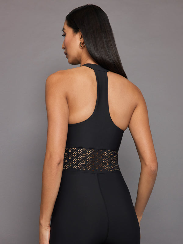 Laser Cut Jumpsuit in Diamond Compression - Black