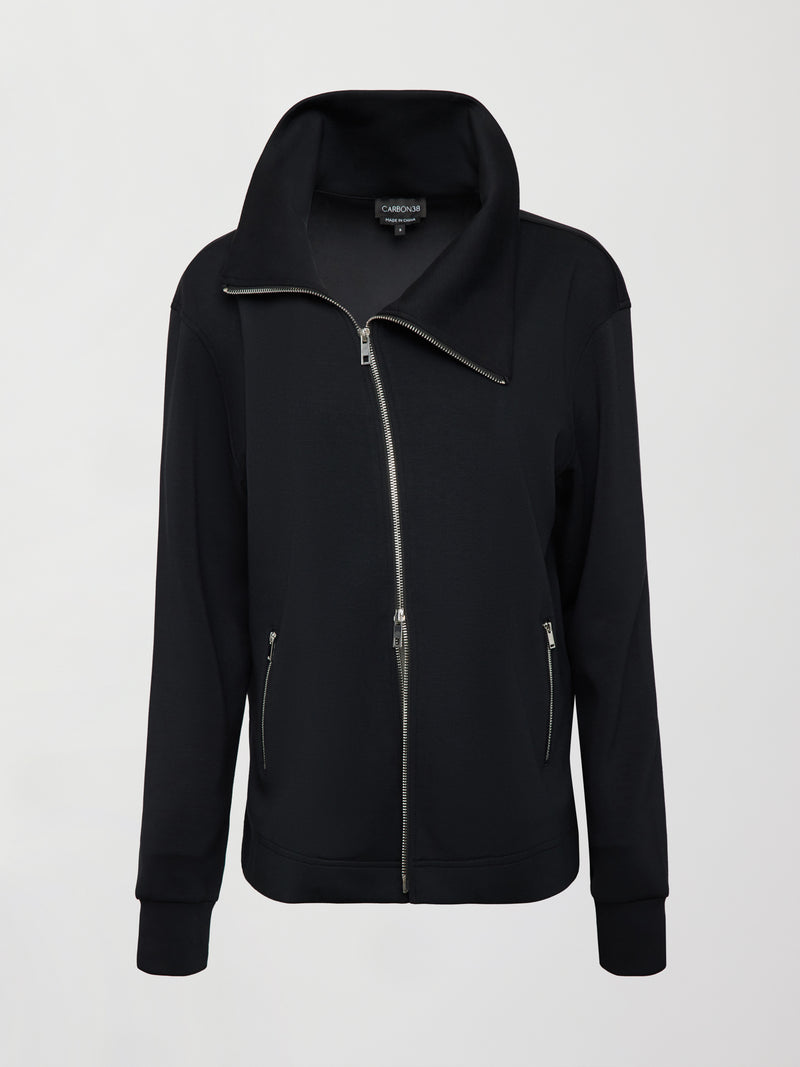 Knit Jacket with Asymmetrical Zip in Interlock - Black