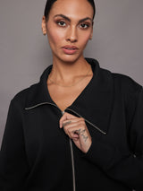 Knit Jacket with Asymmetrical Zip in Interlock - Black