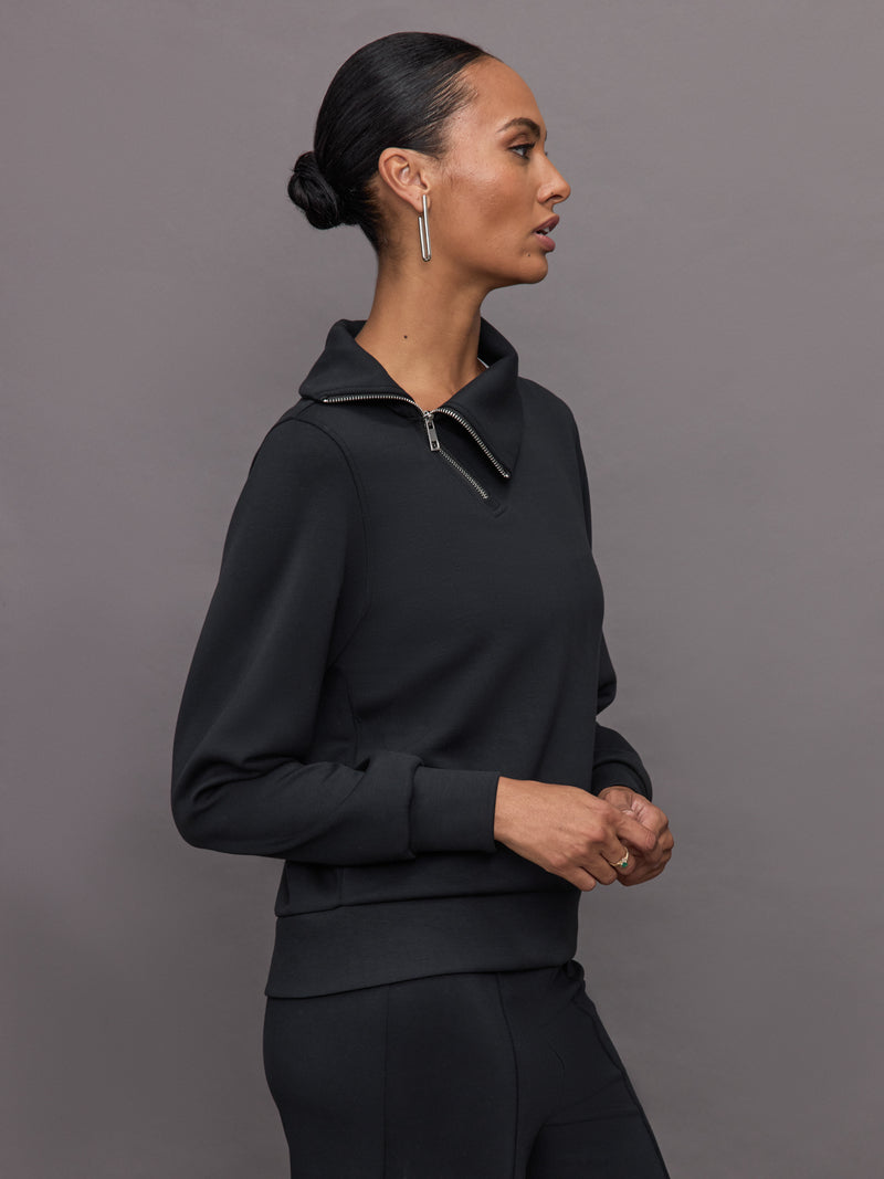 Half Zip Asymmetrical Pullover in Interlock - Black