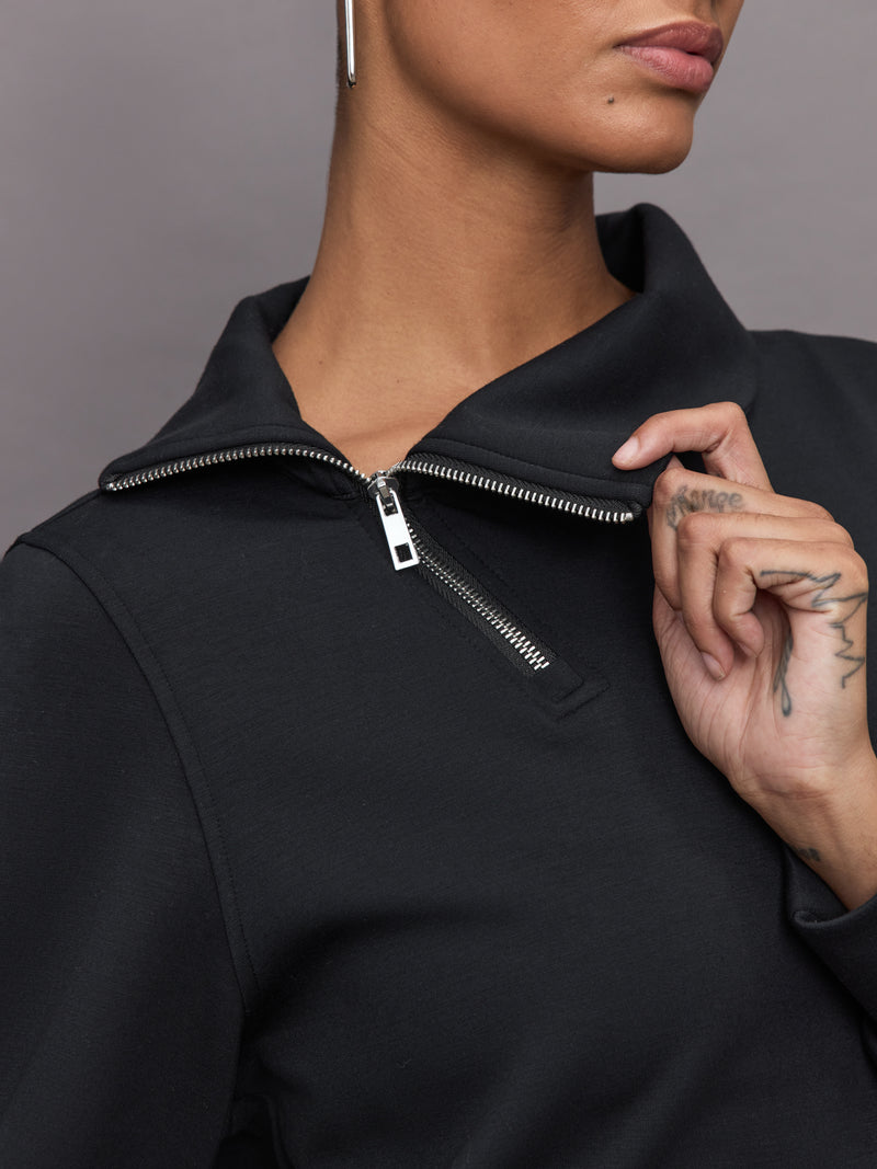 Half Zip Asymmetrical Pullover in Interlock - Black