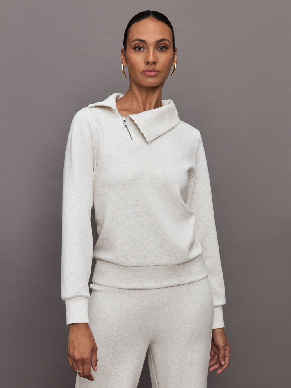 Half Zip Asymmetrical Pullover in Interlock - Moonbeam Heather