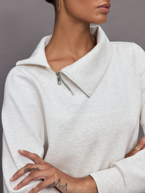 Half Zip Asymmetrical Pullover in Interlock - Moonbeam Heather