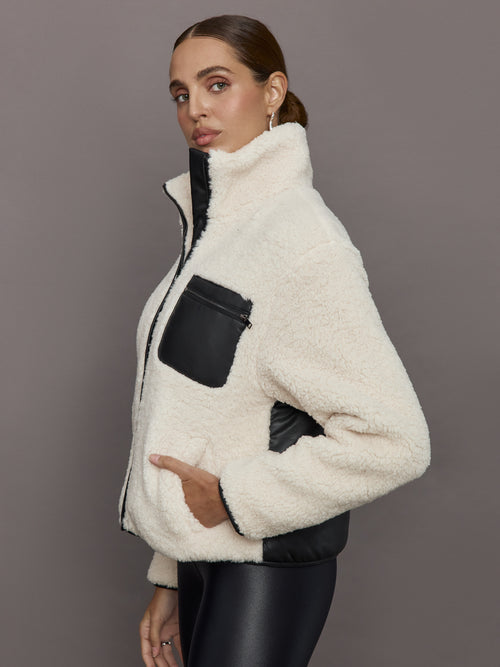 Mixed Media Sherpa Jacket - Natural/ Black