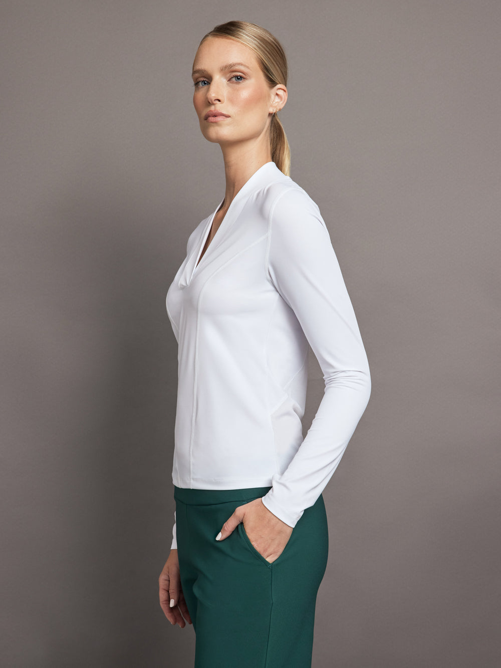 Long Sleeve Wrap Neck Shirt - White