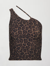 Image of a brown leopard print tank top with asymmetrical straps - one thick & one spaghetti strap which can be worn crossbody or vertically. 