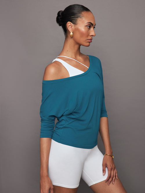 Long Sleeve Off Shoulder Tee - Deep Lagoon