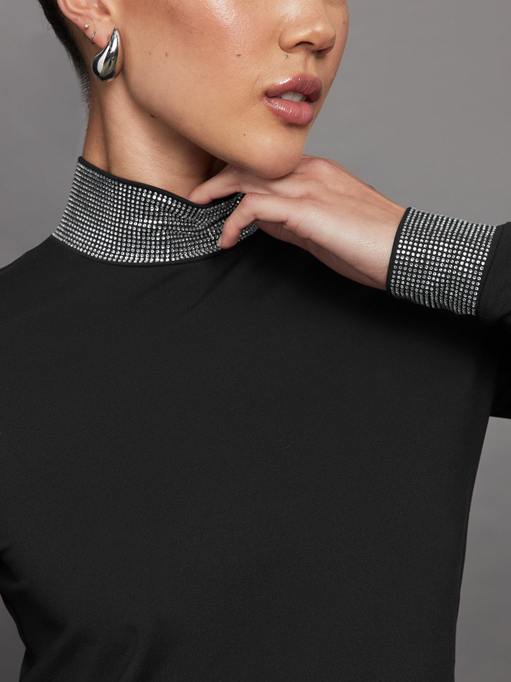 Long Sleeve Mock Neck Rhinestone Top - Black