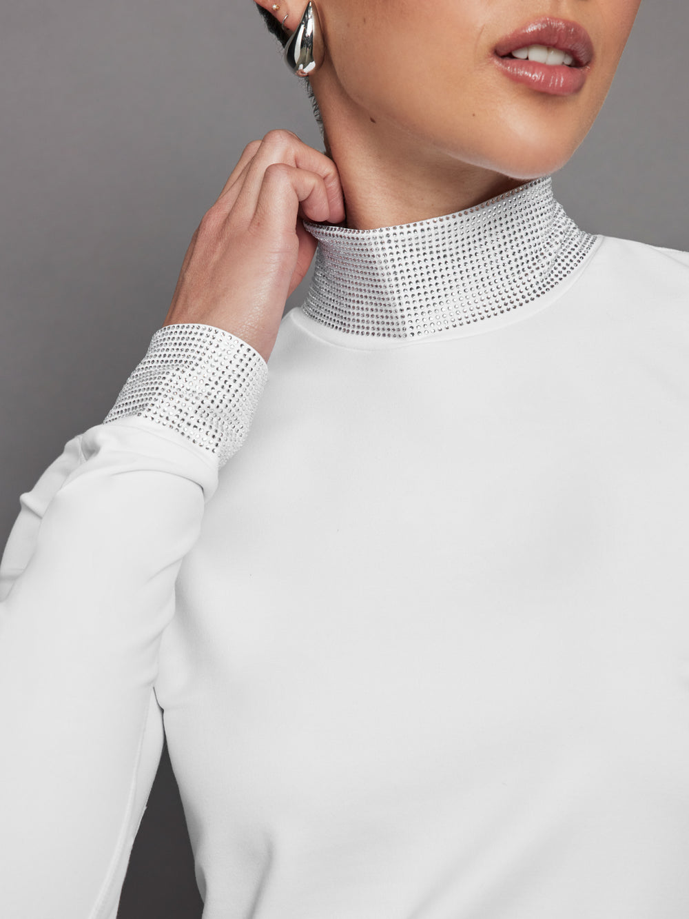 Long Sleeve Mock Neck Rhinestone Top - White