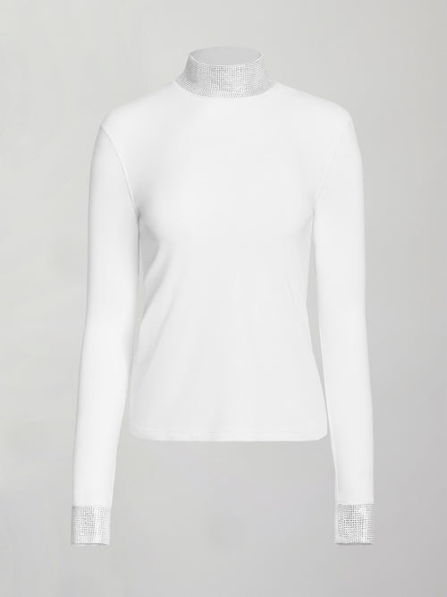 Long Sleeve Mock Neck Rhinestone Top - White