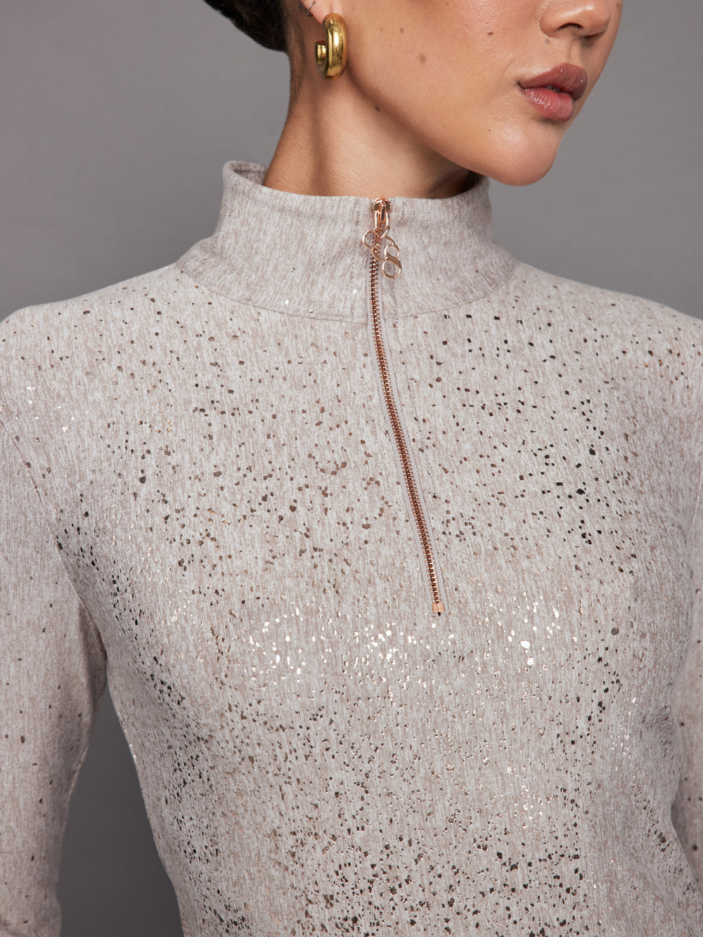 Foil Half Zip Top in Melt - Oatmeal Heather with Rose Gold Foil