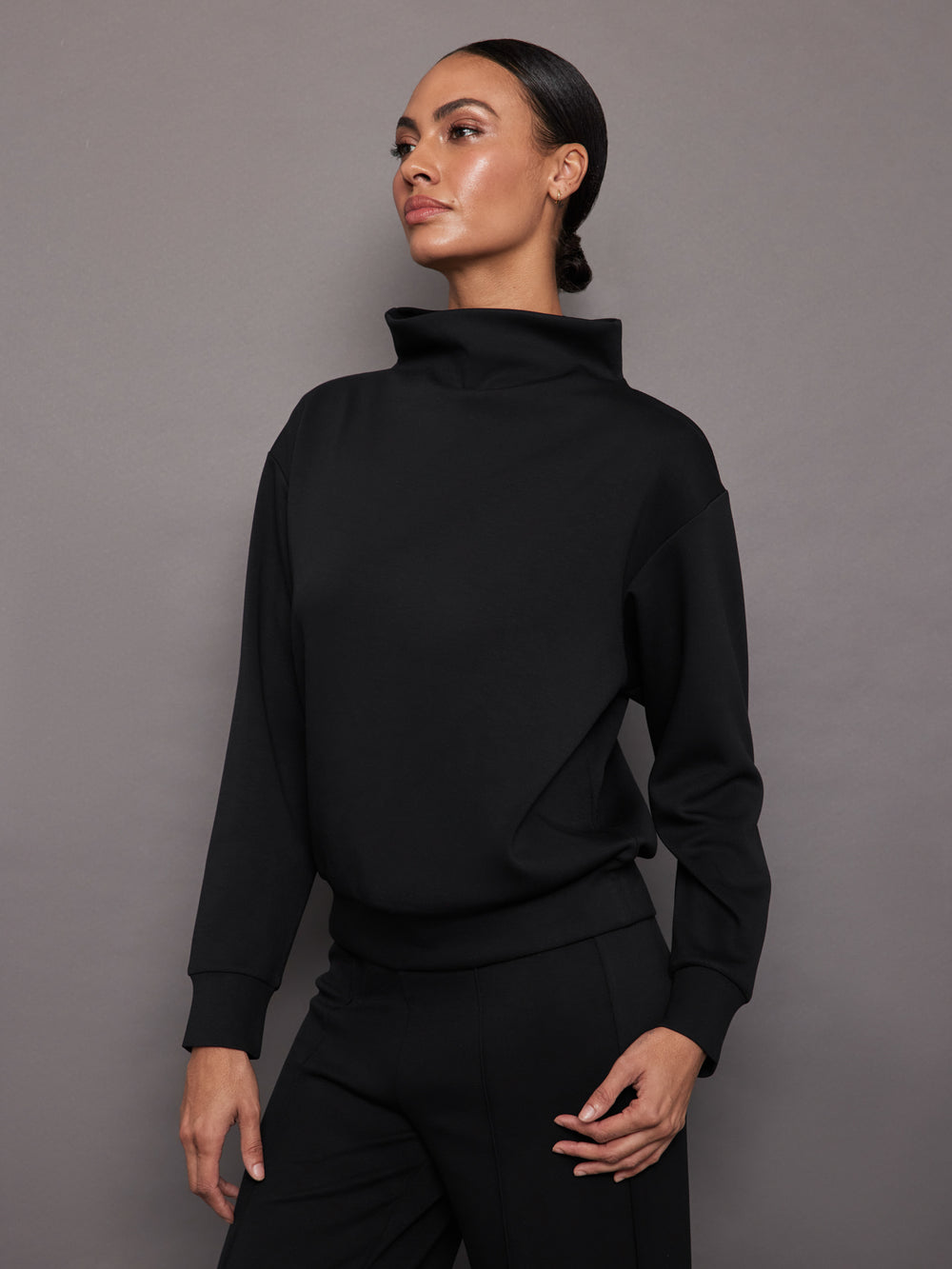 Cowl Neck Knit Sweatshirt in Interlock - Black