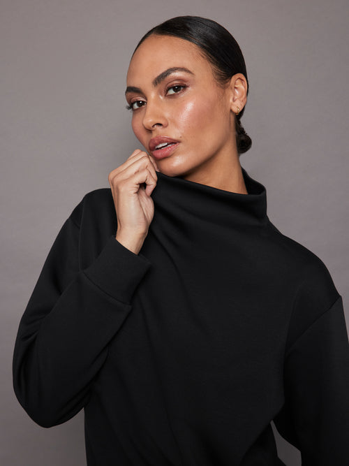 Cowl Neck Knit Sweatshirt in Interlock - Black