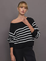 Wool Blend Slouchy Knit Sweater - Black / White Stripe