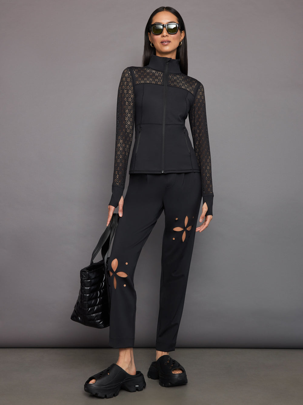 Laser Cut Zip L/S Run Top in Diamond Compression - Black