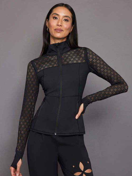 Laser Cut Zip L/S Run Top in Diamond Compression - Black