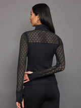 Laser Cut Zip L/S Run Top in Diamond Compression - Black