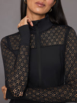 Laser Cut Zip L/S Run Top in Diamond Compression - Black