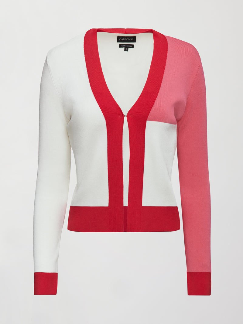 Colorblock Cardigan - White/ Tomato Red/ Pink Lemonade