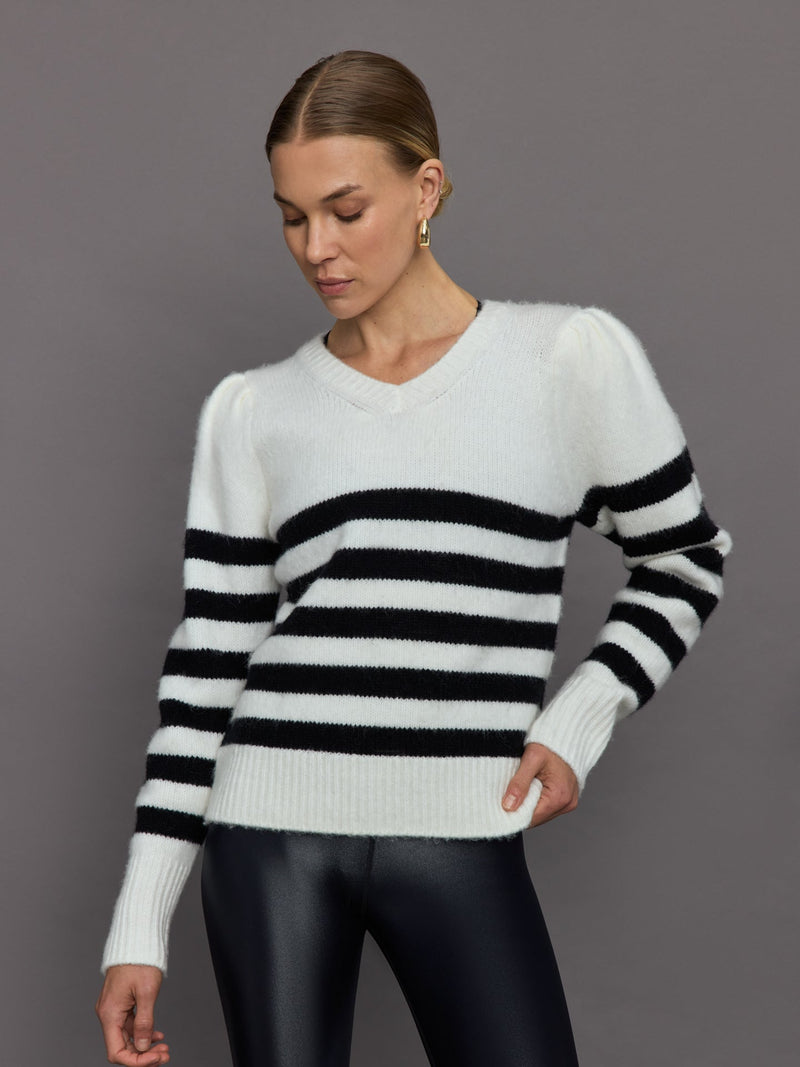 Striped Puff Sleeve Sweater - Cream/ Black