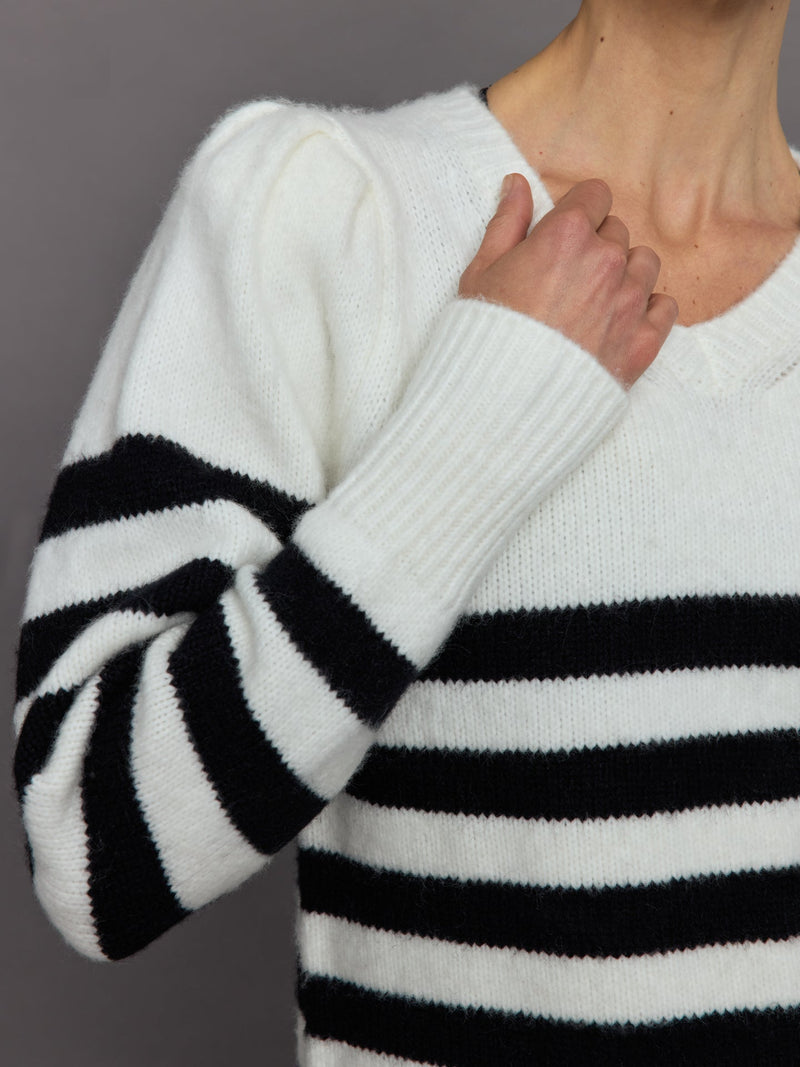 Striped Puff Sleeve Sweater - Cream/ Black