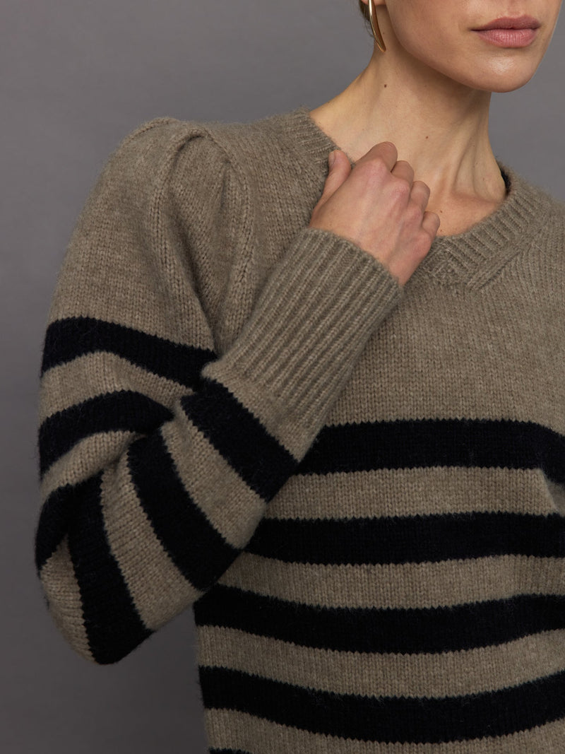 Striped Puff Sleeve Sweater - Stone/ Black