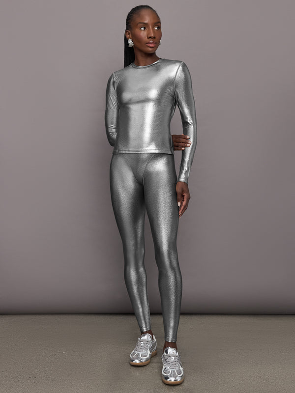 Liquid Metallic Long Sleeve Top - Silver