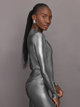 Liquid Metallic Long Sleeve Top - Metallic Silver