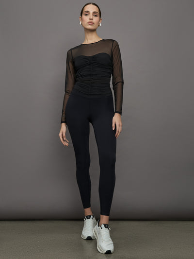 Ruched Mesh Long Sleeve Top in Melt - Black