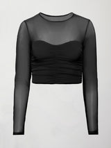 Ruched Mesh Long Sleeve Top in Melt - Black