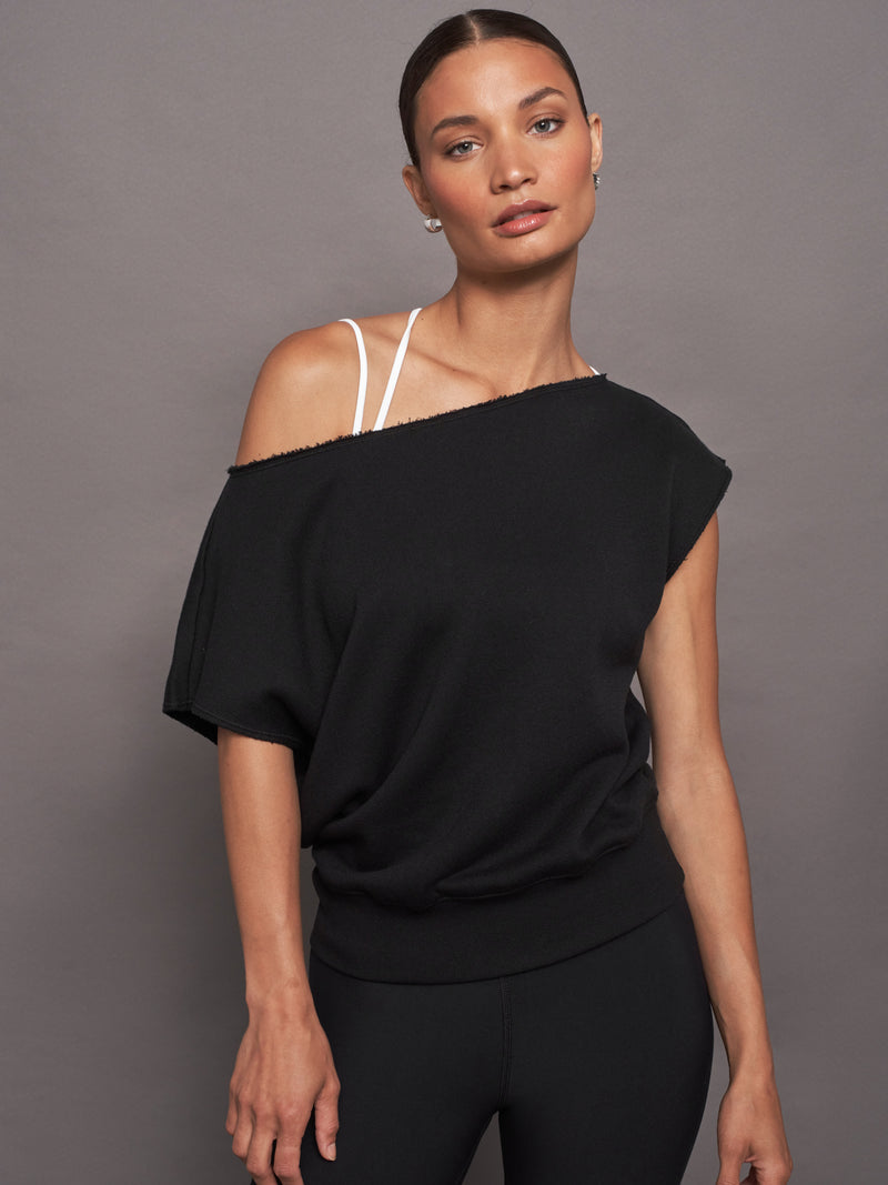 Short Sleeve Off Shoulder Sweatshirt in French Terry - Black