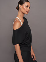 Short Sleeve Off Shoulder Sweatshirt in French Terry - Black