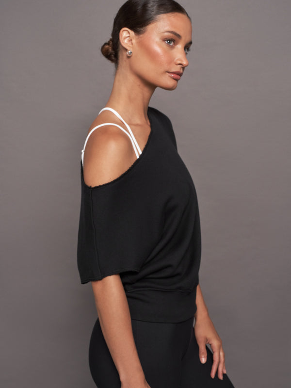 Short Sleeve Off Shoulder Sweatshirt in French Terry - Black