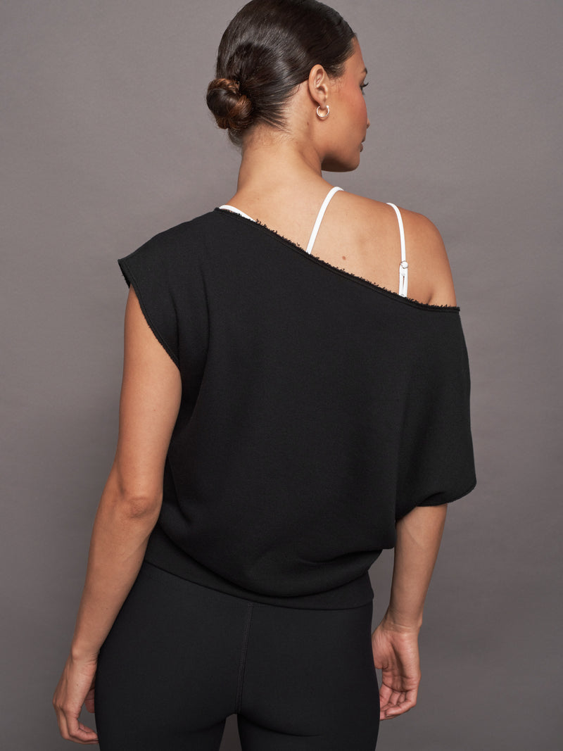 Short Sleeve Off Shoulder Sweatshirt in French Terry - Black