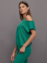 Short Sleeve Off Shoulder Sweatshirt in French Terry - Malachite